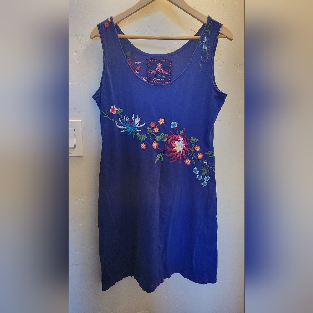 Johnny Was Floral Embroidered Blue Sleeveless Dress
